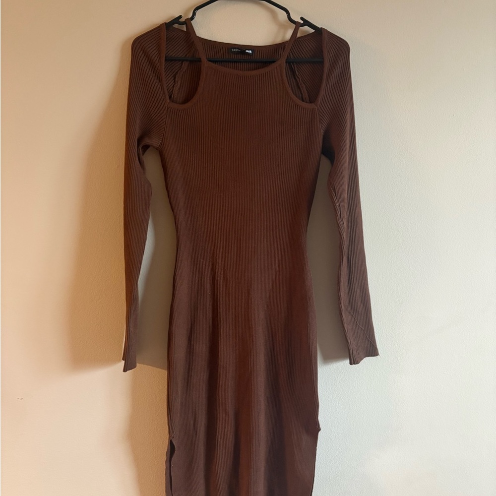 Fashion Nova Brown Cold Shoulder Bodycon Dress